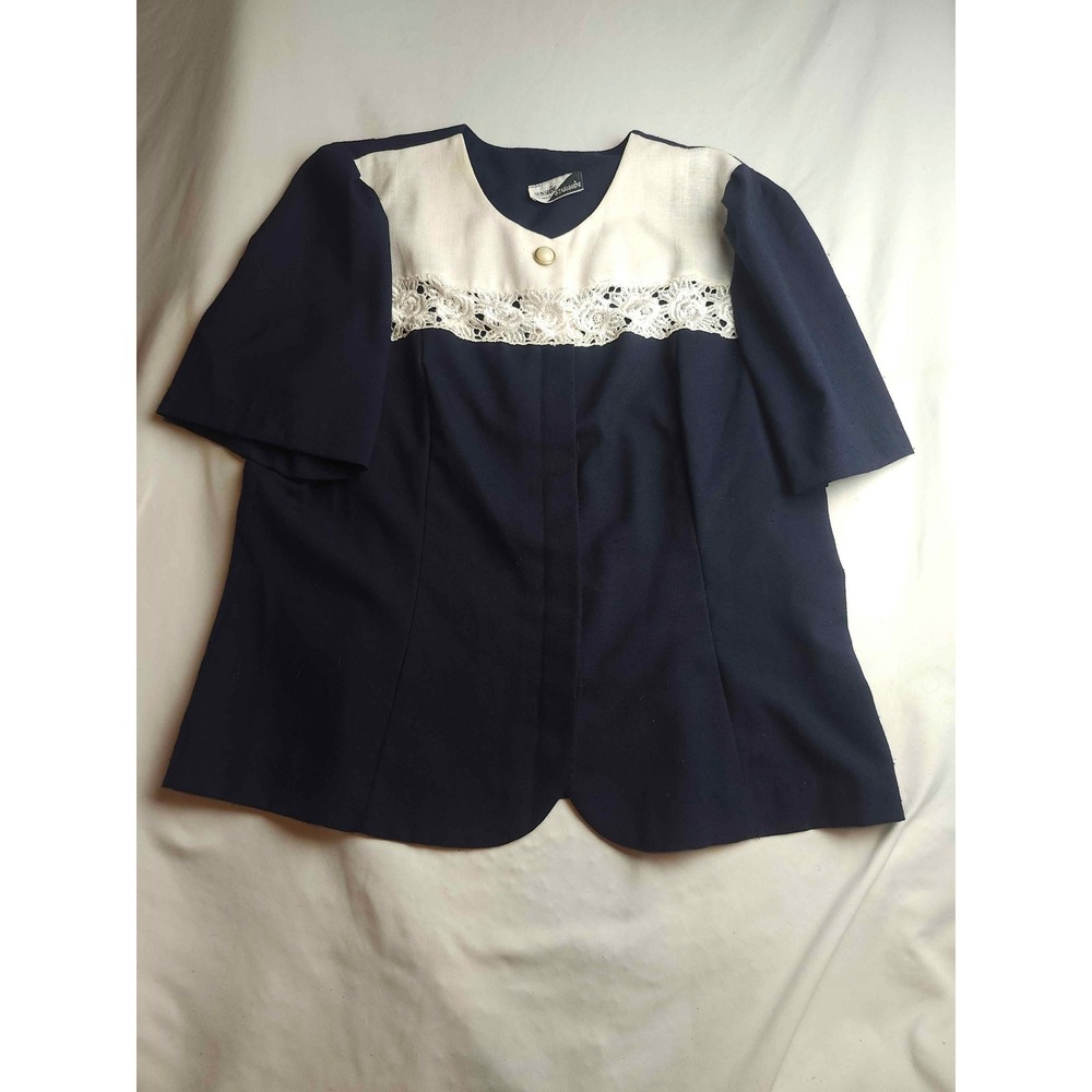 Vintage Sunshine Starshine Navy Cream Lace Pearl Button Blouse Top Large Womens